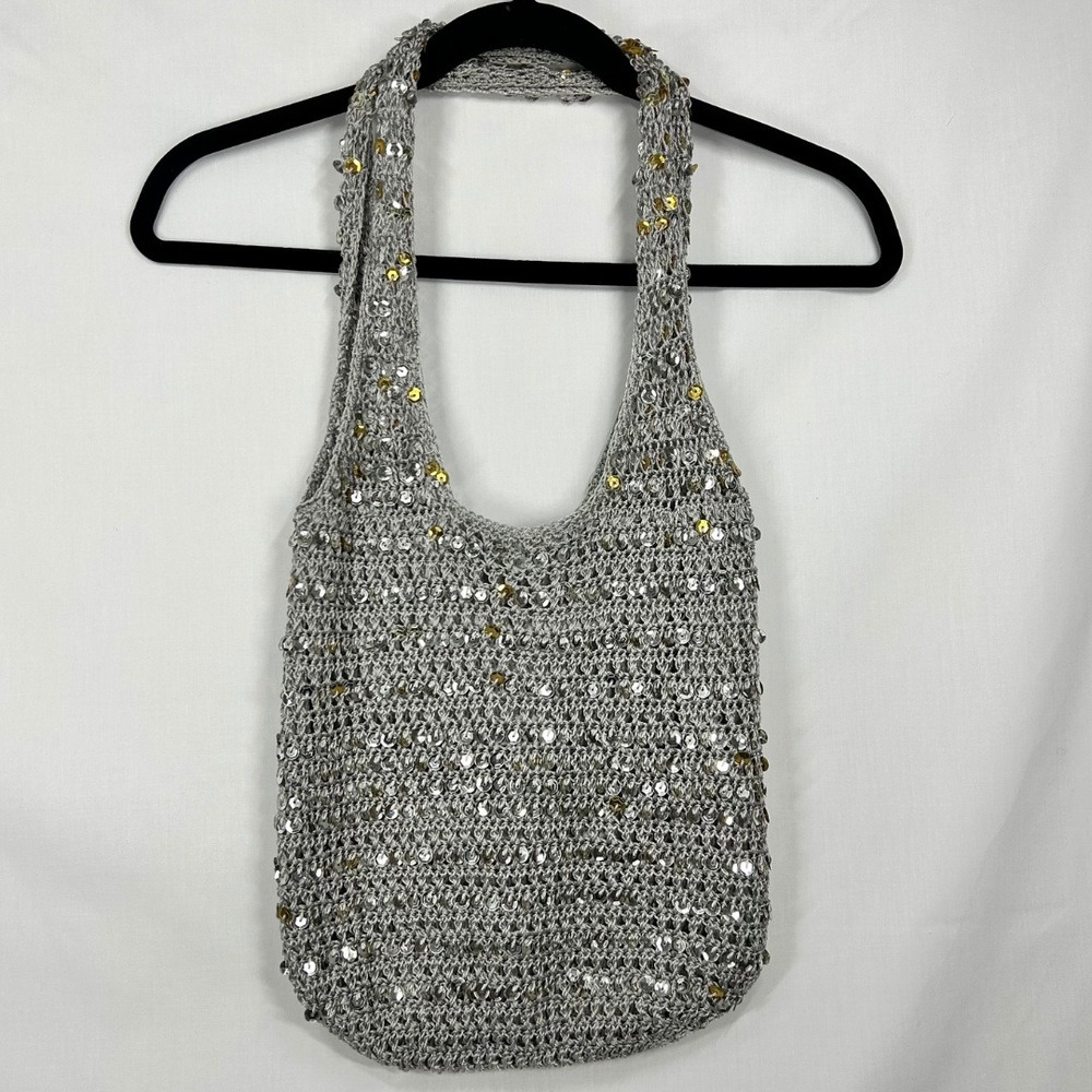 Vintage Y2K Silver Sequin Knit Open Mesh Shoulder Bag Metallic Crochet Hobo Tote